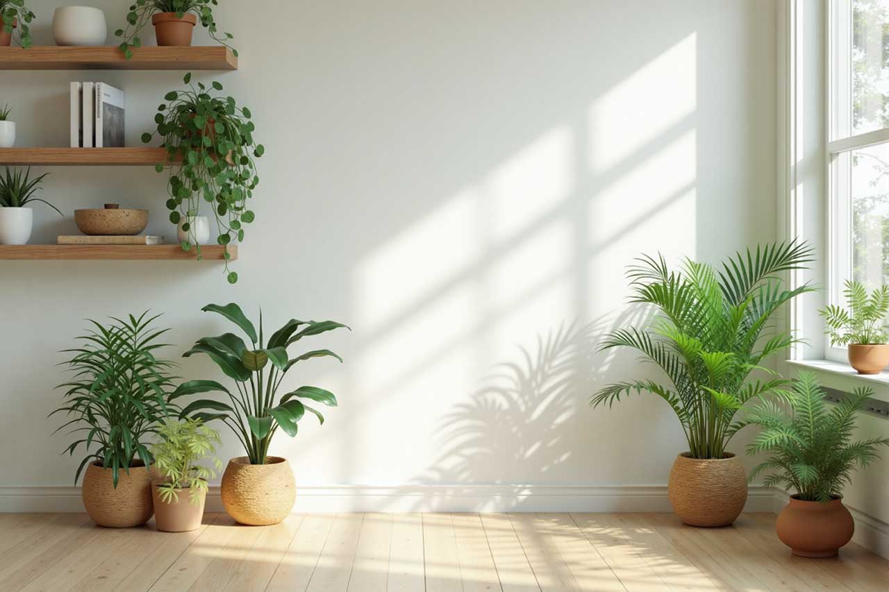 Indoor plants as biophilic design ideas in a cozy living room