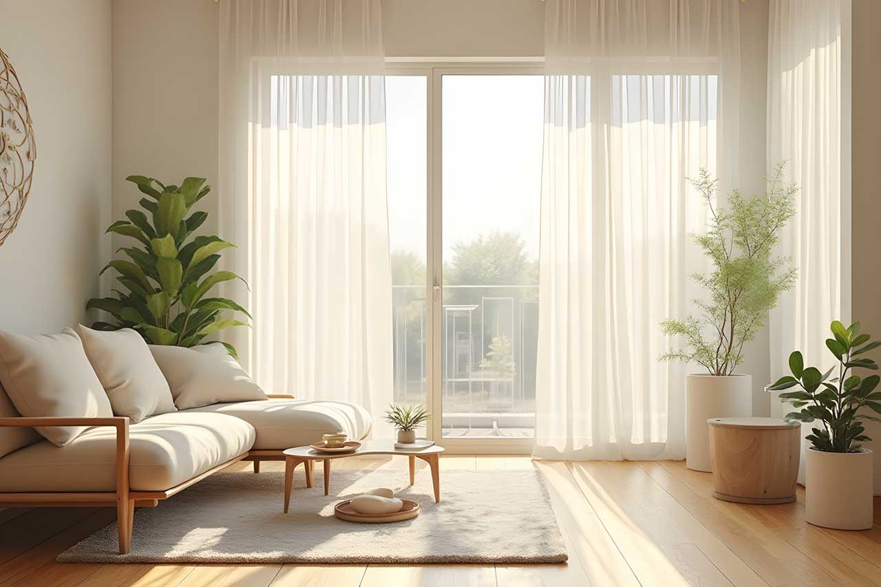 Natural light as a biophilic design idea in a bright living room