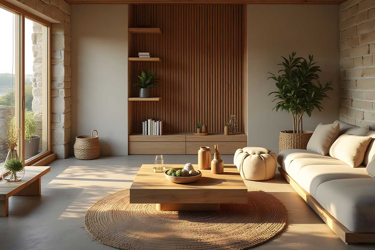 Natural materials in biophilic design ideas for a cozy room