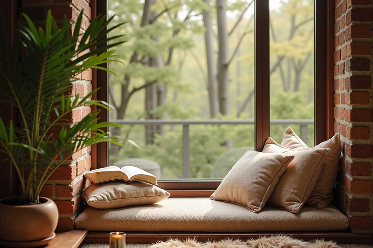 Cozy reading nook with biophilic design ideas near a window