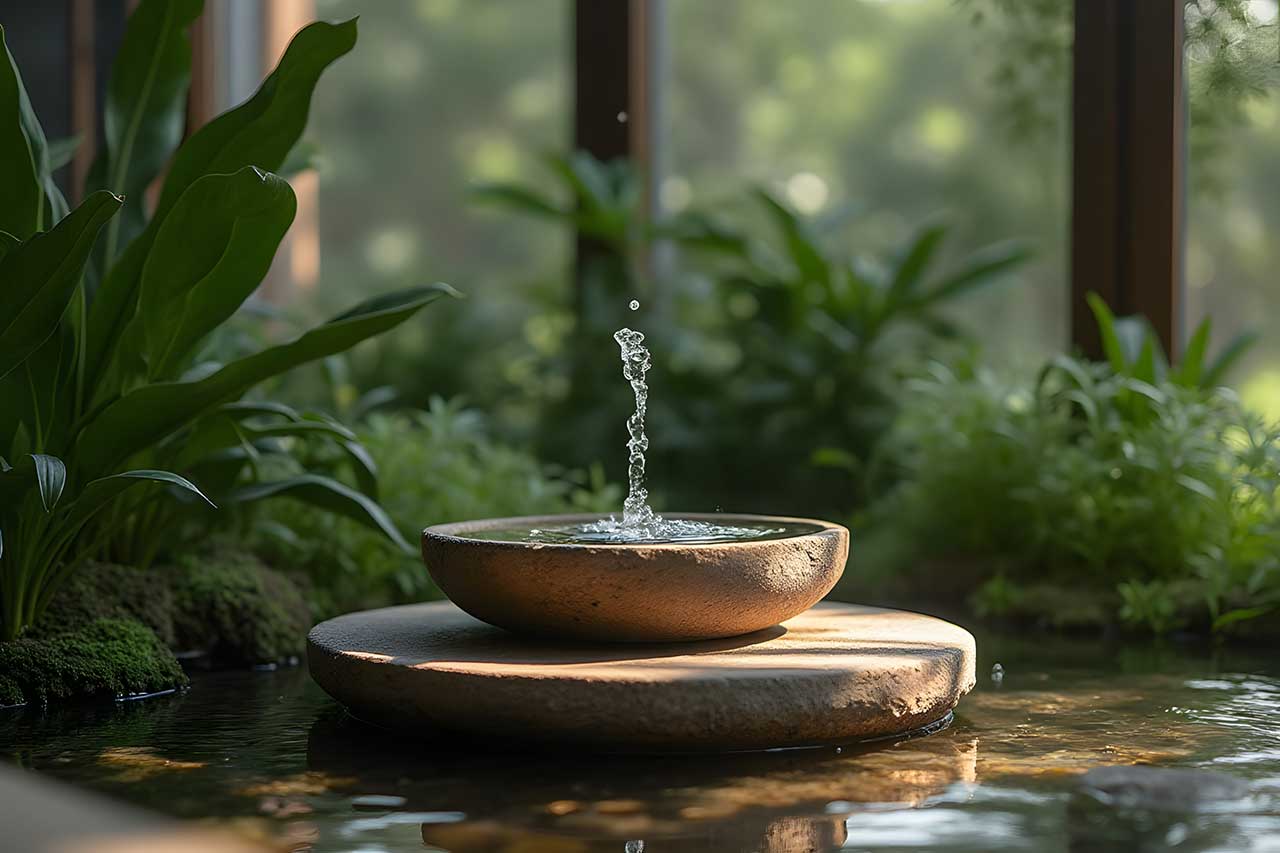 Water feature as a biophilic design idea in a tranquil space