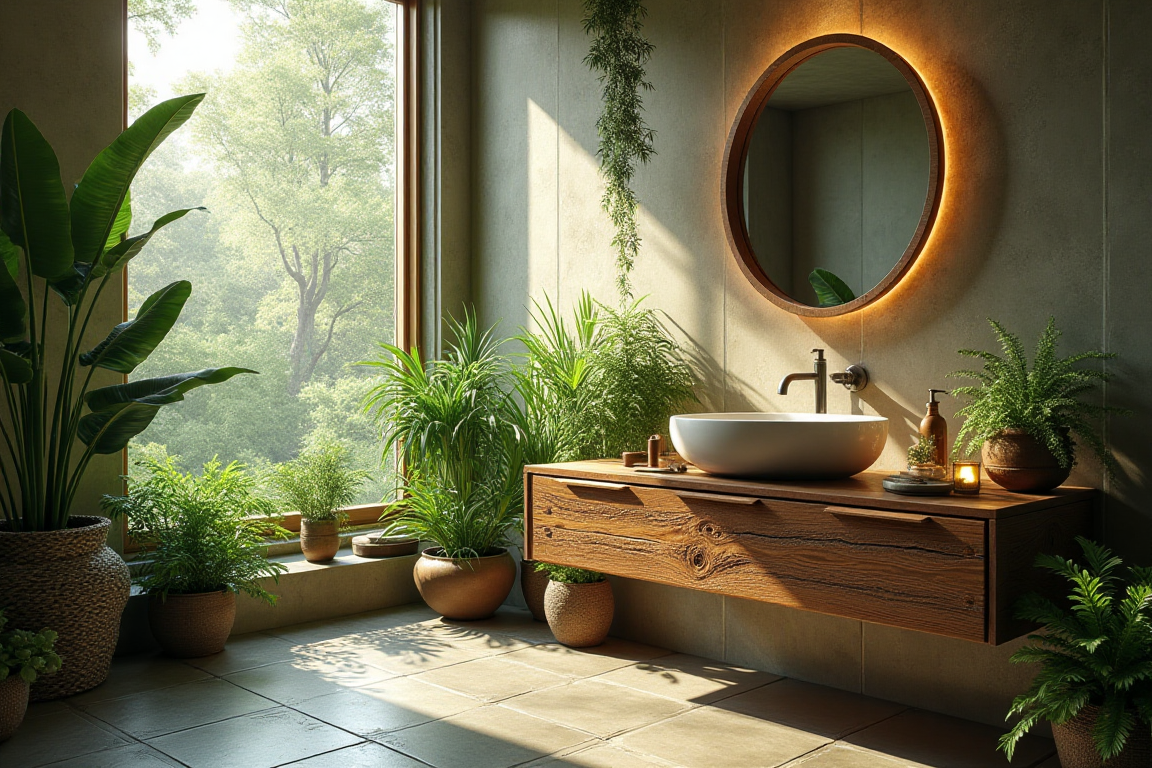 Biophilic design trends 2025: wooden vanity with ferns in a spa-inspired bathroom.