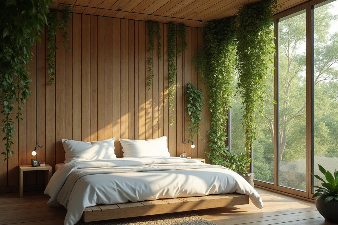 Biophilic design trends 2025: bedroom with wooden headboard and hanging vines.