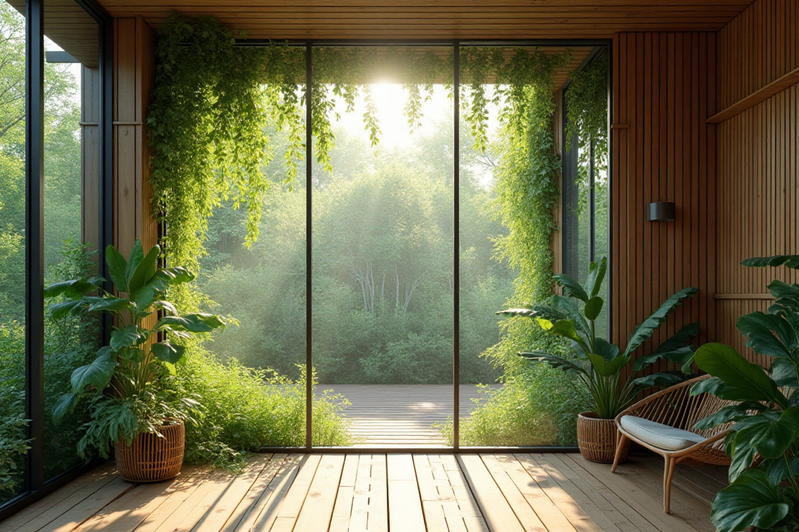 Biophilic design trends 2025: glass wall courtyard with vines and wooden deck.