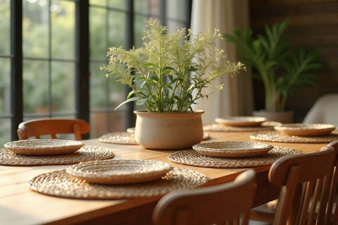 Biophilic design trends 2025: wooden dining table with woven mats and plants.