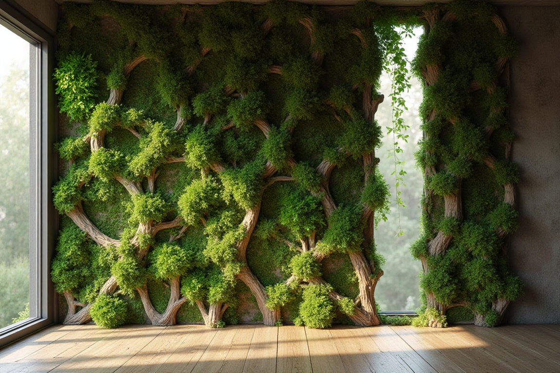 Biophilic design trends 2025: mossy wall sculpture with vines in a natural light setting.