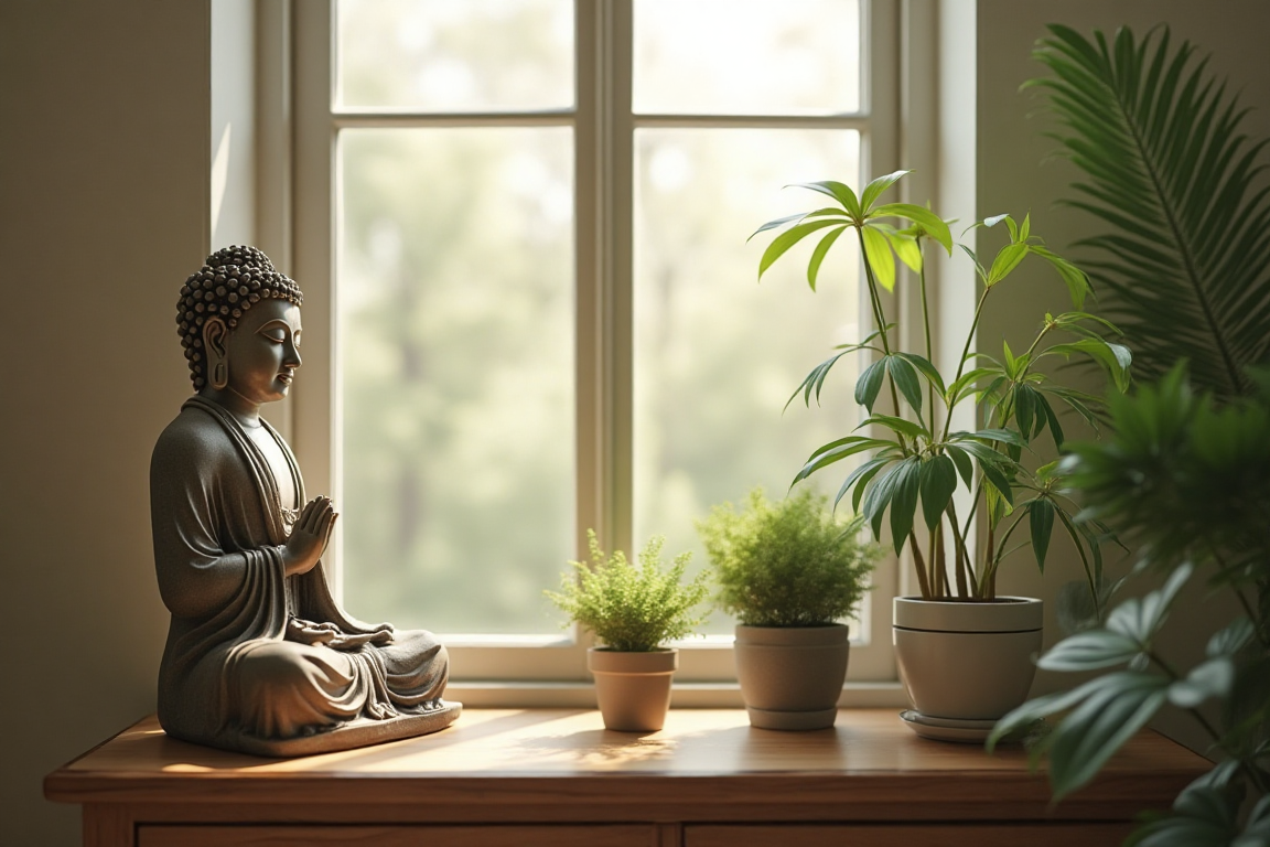 Biophilic design trends 2025: zen nook with Buddha statue and potted plants.