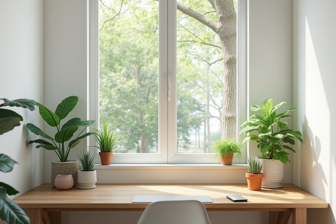 Biophilic design trends 2025: minimalist workspace with succulents and wood desk.